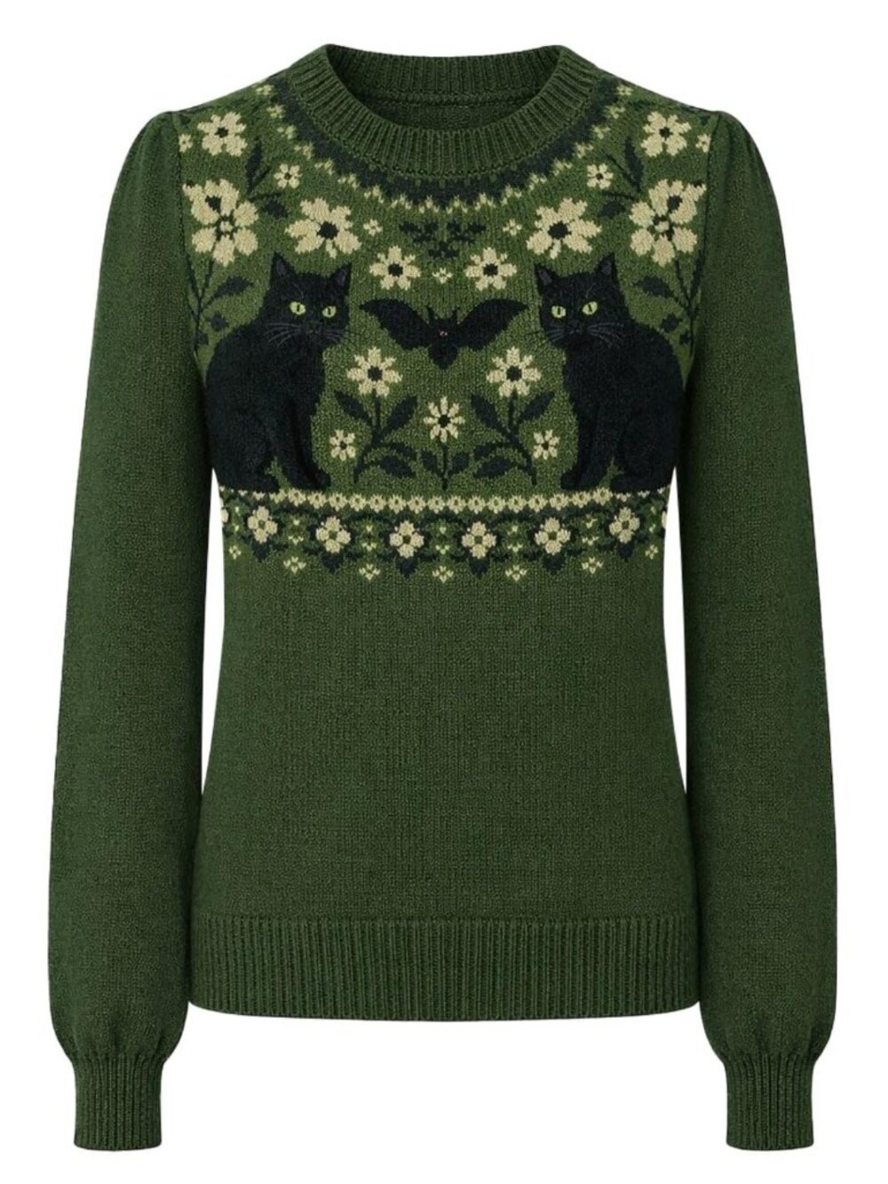 OXKNIT Women’s Black Cat Floral Jacquard Sweater Olive Green 2XL